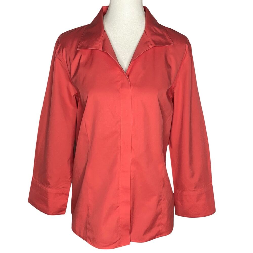 Chico's No Iron Cotton Top Coral Orange Pink Button Up Top Size XL 16 Career
